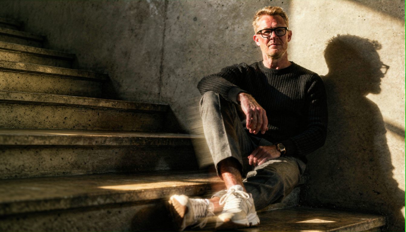 Frank Hüttemann, nachdenklich auf einer Treppe sitzend