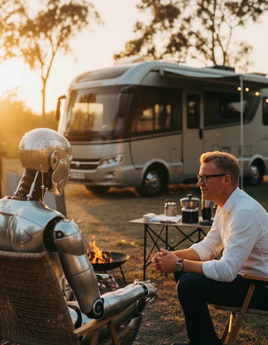 Frank Hüttemann im Gespräch mit einem Roboter vor einem Wohnmobil